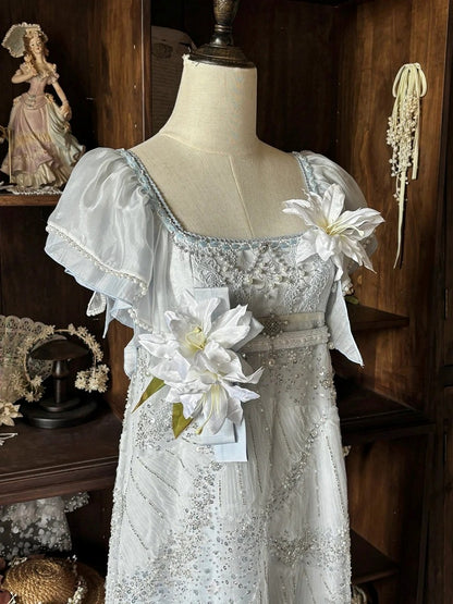 Blue Empire Waist Flutter Sleeves Sequins Bead Dress - Iris fleur