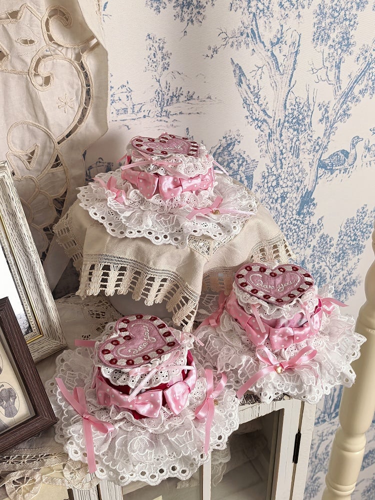Rose / Cream / Crimson Lolita Mini Hat with Heart Embroidery Patch and Bow Accents - Pastry Chef