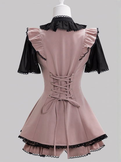 Black and Pink Chiffon Ruffle Dress with Lace, Shorts, and Bow Set - Fluffy Heart