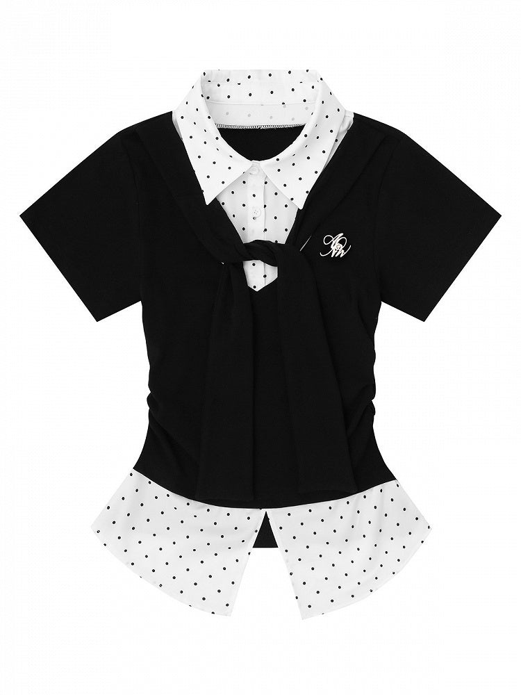 Waist-Cinched Tie-Front Faux Two-Piece Tee in Monochrome Polka Dot - Languid Park