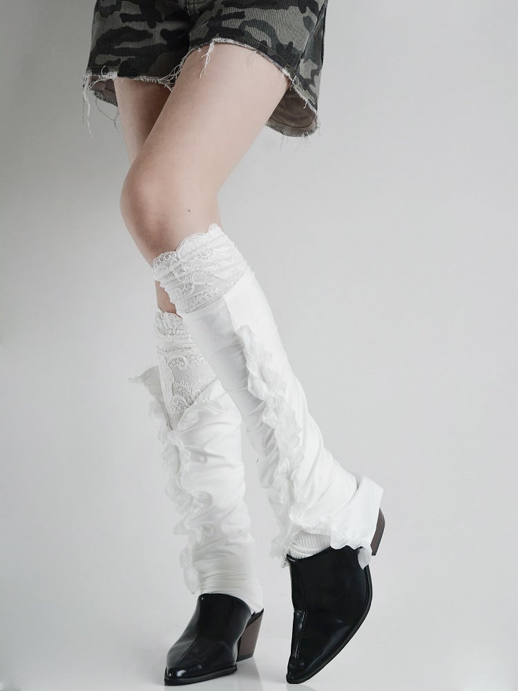 White Lace Cuffed Footed Leg Warmers + White Split Ruffle Leg Warmers Set