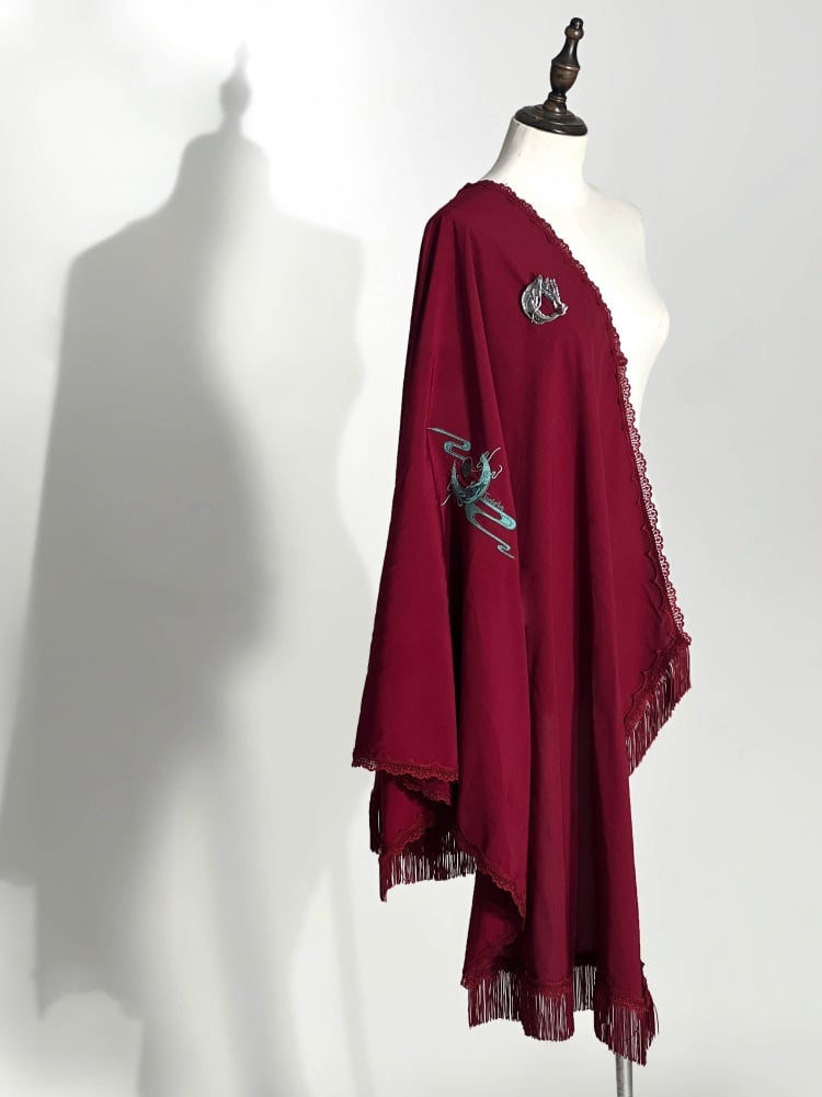 赤/黒/紫の龍と月の刺繍ショール