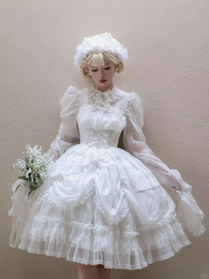 White Basque Waist Shiro Dress Drawstring Skirt Hanayome Lolita Long Sleeves One Piece