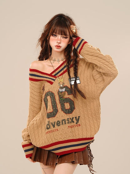 Orange Number Sweater Pattern and V-neck Letter Kawaii