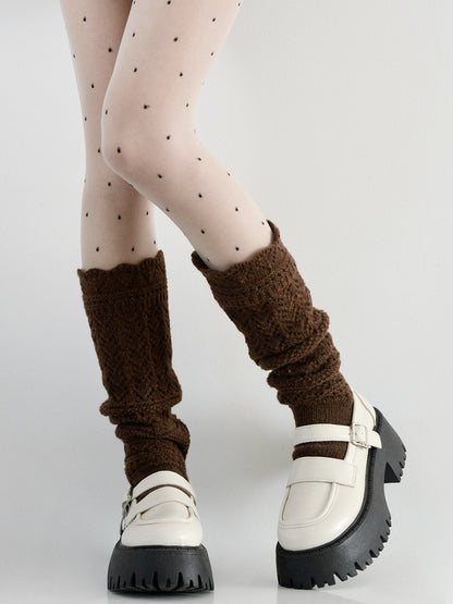 White Polka-dot Pattern Tights + Brown Calf Socks Set