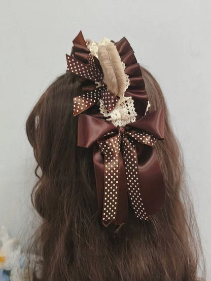Dark Brown Bear Hairband with Polka Dot Lace - Ye Cheng Hair Accessory