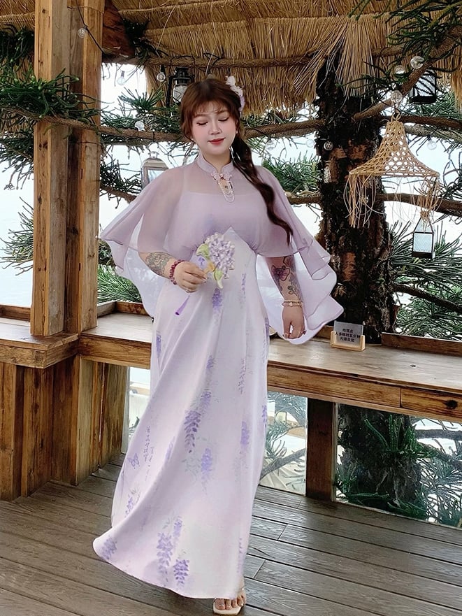 チーパオデザインドレス プラスサイズ チャイナドレススタイル パープルプリント ケープウィステリア