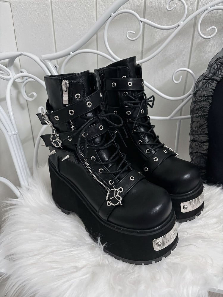 Polished Black/Matte Black Punk Stud Buckle Strap Gothic Platform Boots