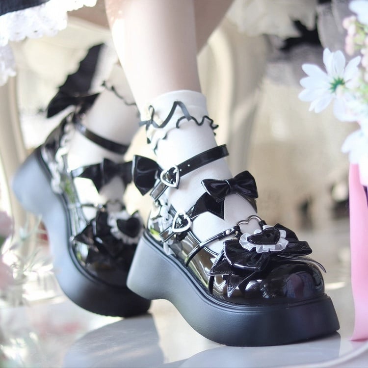 Black with PU Platformss Heart Lolita Sweet in Leather Embellishments