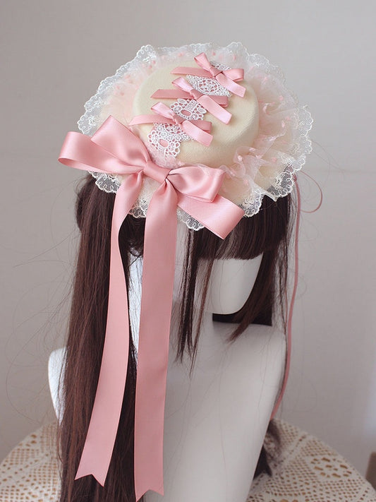 Pink Bowknot details lace trim Beige Flat Hat