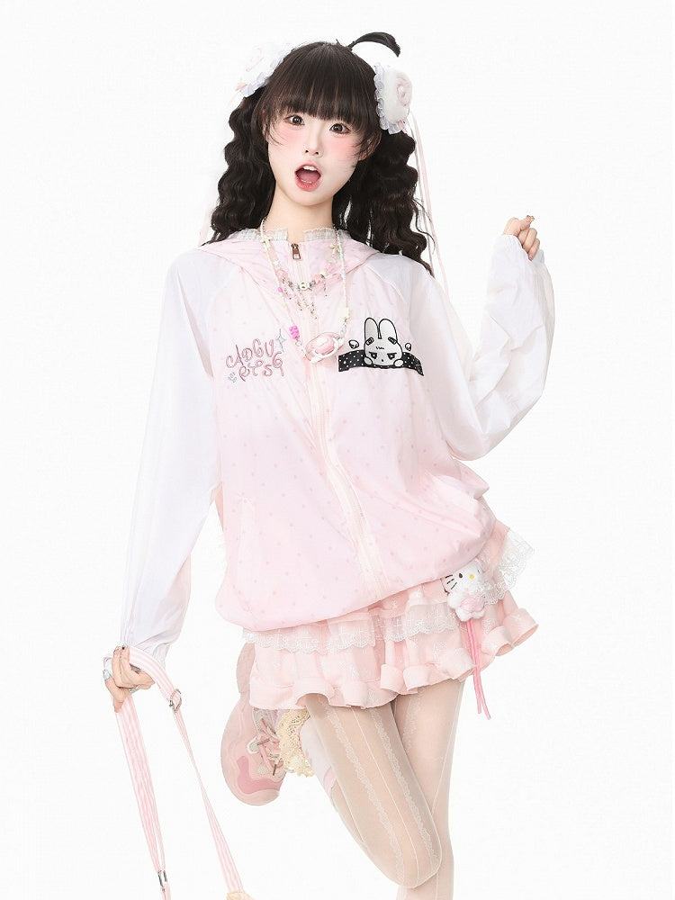 Cute Pink Bunny-Ear Hooded Sun Coat with Polka Dots