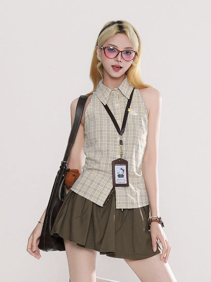 Khaki Sleeveless Top with Plaid Pattern - Rayohopp