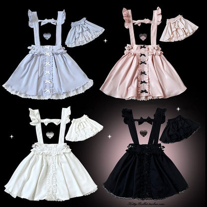 Lace Blue/White/Pink/Black Kei Trim Jirai Details Shorts Dress With Overall Bowknot