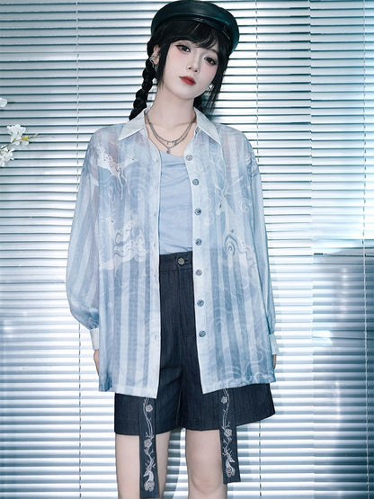 Black Denim-Effect Wide-Leg Shorts with Detachable Chinese Style Embroidered Ribbon - Quirky Hut
