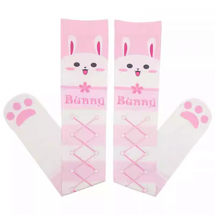 Pink Bunny Pattern Crisscorss Banded Over Knee Stockings
