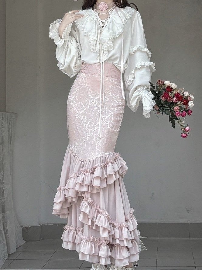 Layered Pink with Gothic Ruffles Fish-Tail Skirt Lolita