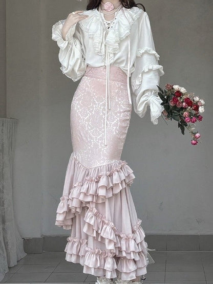 Layered Pink with Gothic Ruffles Fish-Tail Skirt Lolita