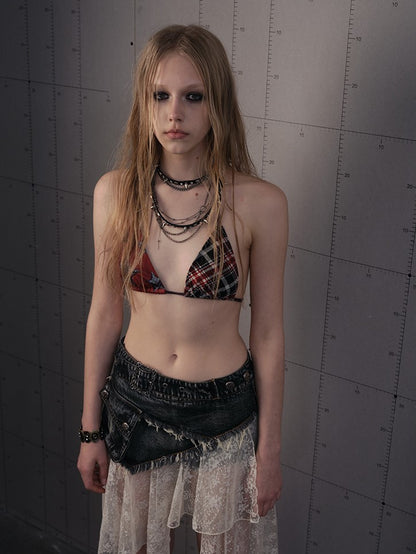 Star-Print Swimsuit Black Bikini with Punk Tie Set Plaid Details Red