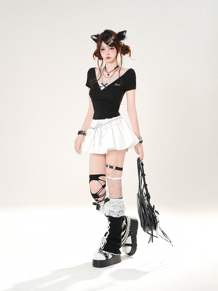 Slim-fitting Black/Red Design Lace Faux T-shirt Two-pieces Camisole