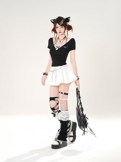 Slim-fitting Black/Red Design Lace Faux T-shirt Two-pieces Camisole