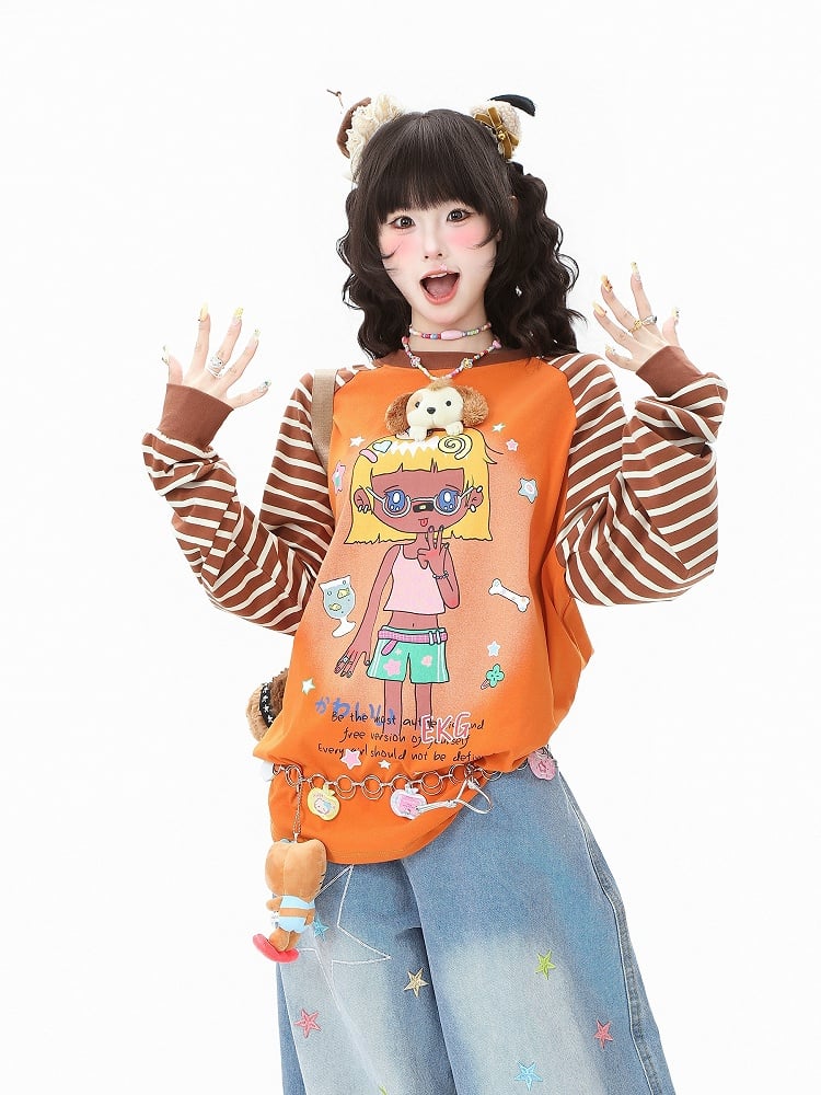 Cartoon Top Sleeve Striped Girl White/Orange