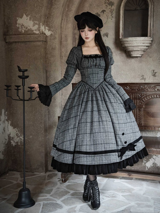 Dress Lolita and Bow Gray Elegant Hat + Plaid Boned Set Basque Black Waist Detachable