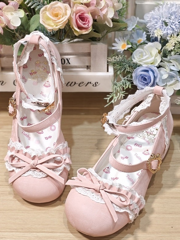 Lolita Janes Ornate Pink Low-heel Top Mary Heart Sweet Buckle with Knot Bow