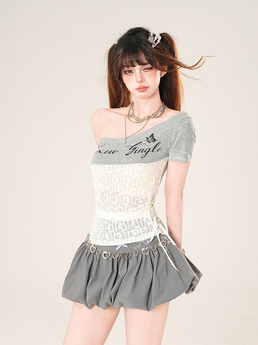 Lace-up Asymmetrical Neckline Contrast Lace Patches Side Gray T-Shirt