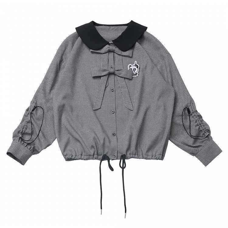 ブラウス ドローストリング 黒と白のチェック柄 ピーターパンカラー リボンアクセント カフス