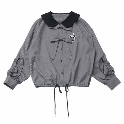 ブラウス ドローストリング 黒と白のチェック柄 ピーターパンカラー リボンアクセント カフス