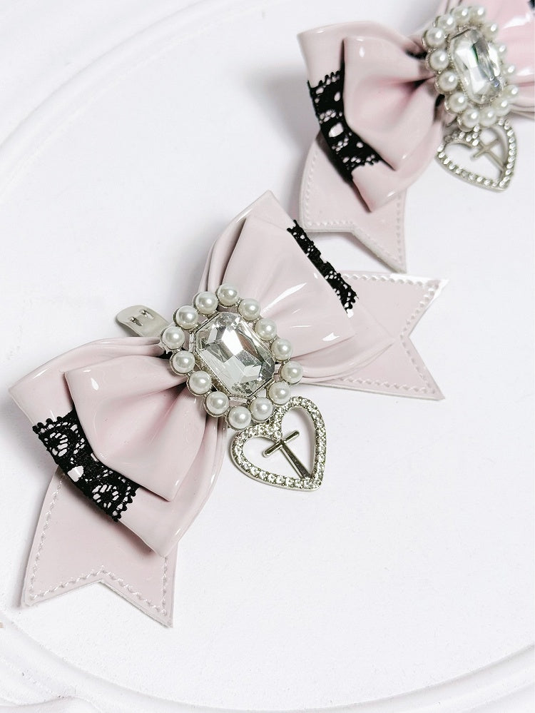 Pink Bowknot Decor Kei Shoe Jirai Black Pink/White Clips Beaded -