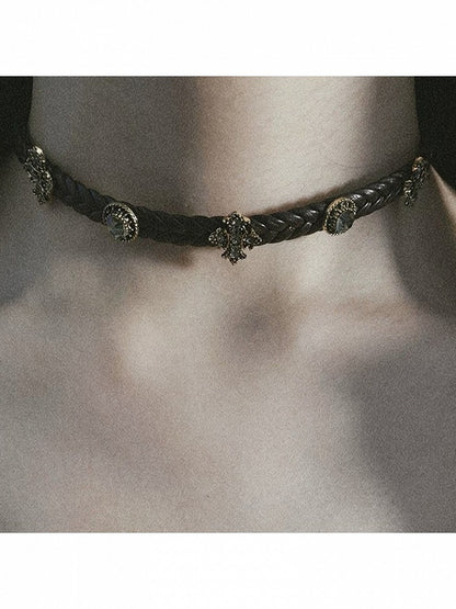 Dark Brown Gothic Leather Choker with Rhinestone Cross - Insomnia Artist