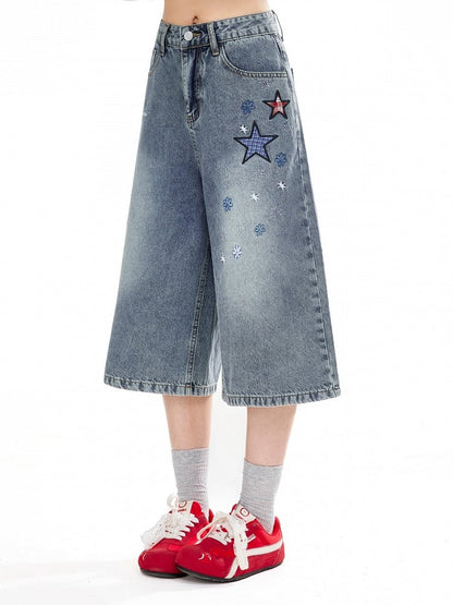 Blue Cropped Wide-Leg Denim Pants Star Appliqué