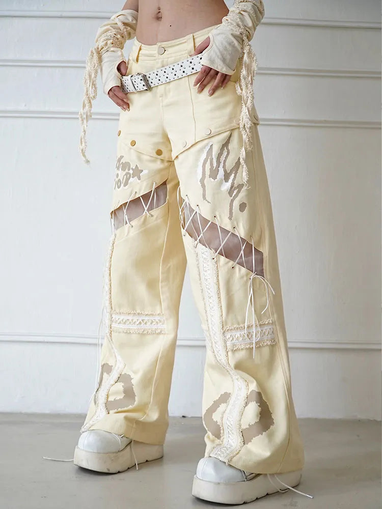 Cut Lace-up Beige Jeans Straight-leg Detachable Detail
