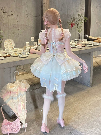 Kleid Akzente Korsett Stäbchen Riemen Regenbogen Lolita Rock Schleife Dünne Pullover Schulter Pastell