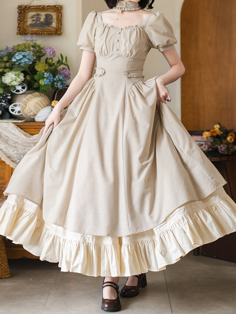 Vintage Kleid Mode Ärmel Khaki Puff Quadrat Gestreiften Ausschnitt Licht Retro Stoff