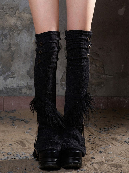 Knit Trim Warmers Fur Black Leg with Brown Punk Buttons Faux