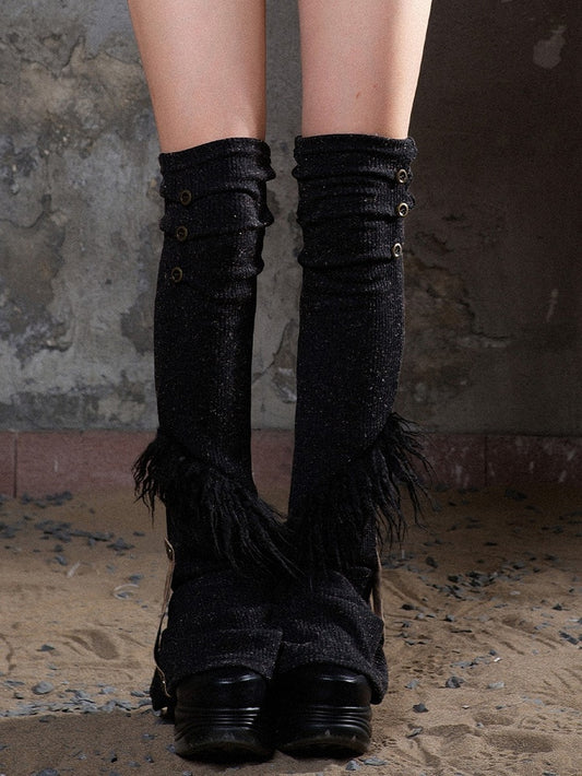 Knit Trim Warmers Fur Black Leg with Brown Punk Buttons Faux