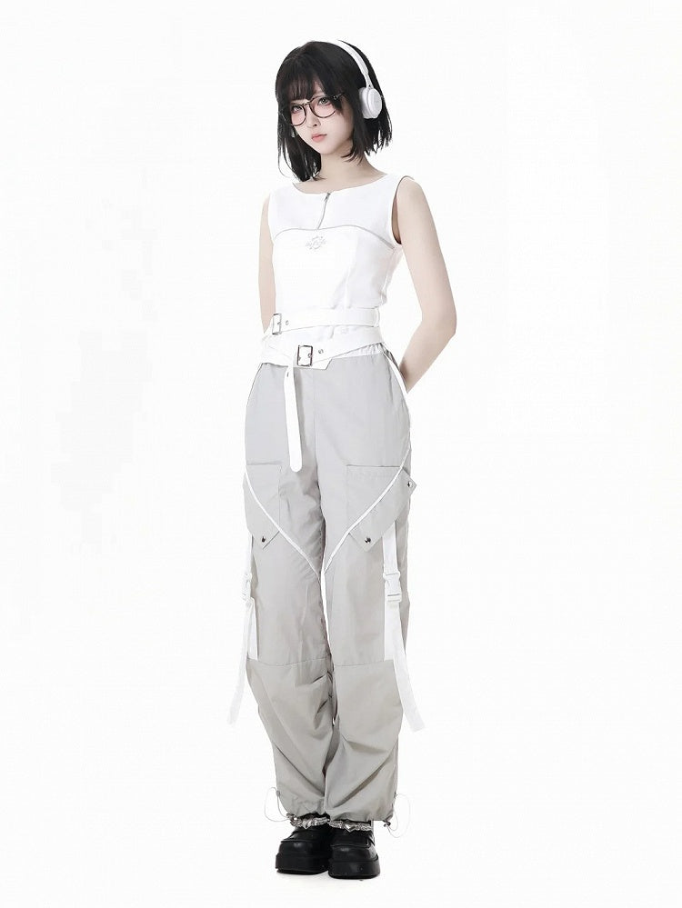 Pants Gray Drawstring Cuffs Snap Details Techwear