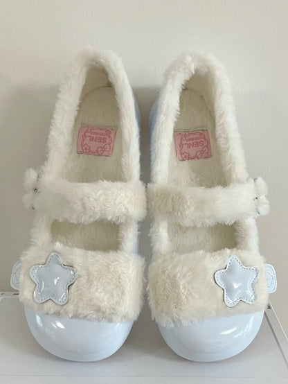 Accent Flats Button Star Baby Plush Lolita Sweet Detail - Cozy for Snap Blue Strap Winter