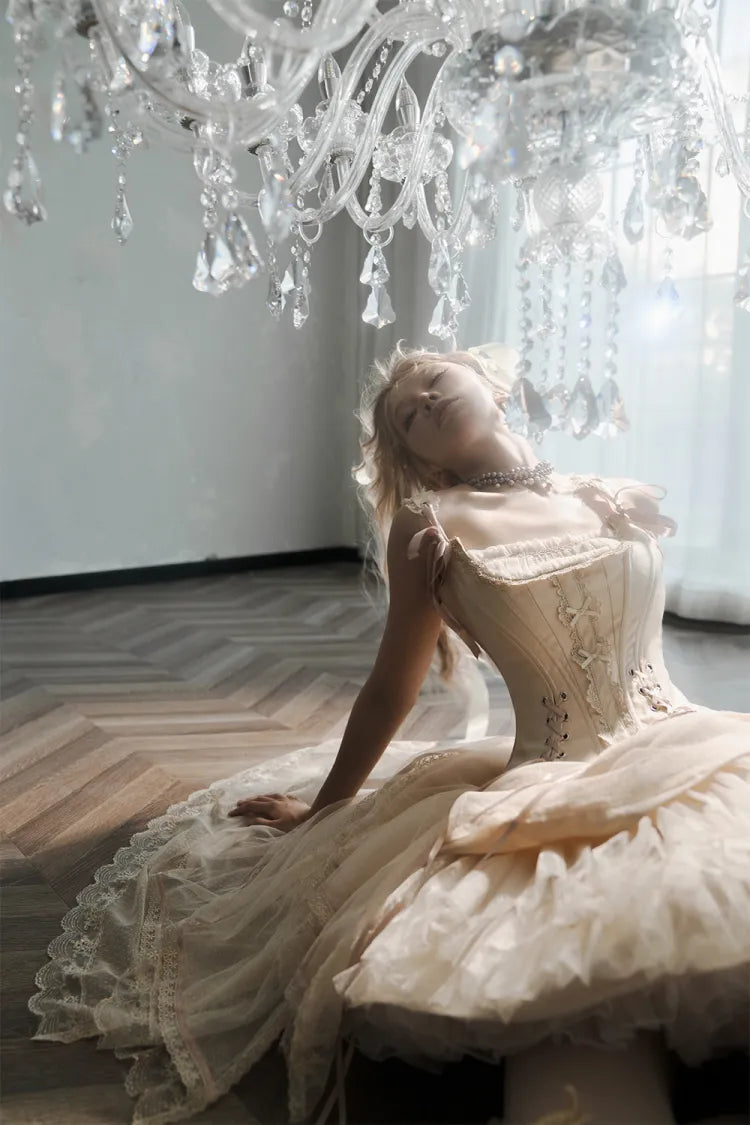 シャンパンレースアップディテールボーンコルセットトップ+ハイローレイヤードロリータスカートBE002