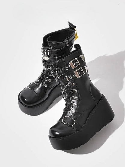 Chain - in Heart Platform System Multi-Closure Charm with Details Boots Style Punk Black