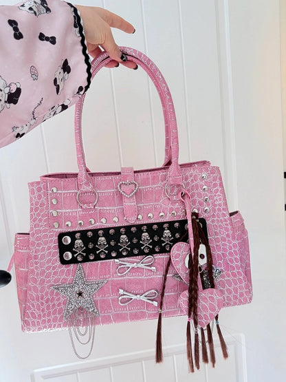 Y2K Vintage Handbag with Studs and Buckle Accent - Black Cherry Sauce