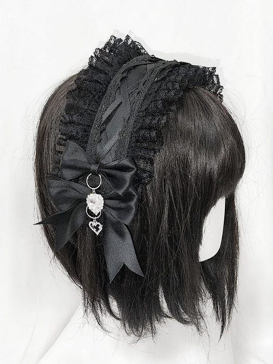 Dual-Shade Ribbon Lace Headband with Bow and Crystal Accents - Dokisuru