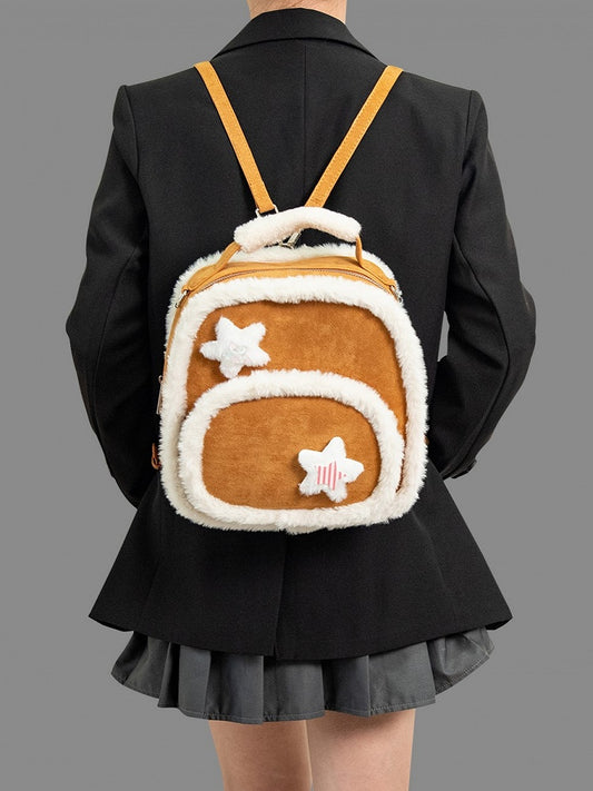 Chic 2-Way Small-Sized Brown Backpack With Plush Trim And Fuzzy Star Accents