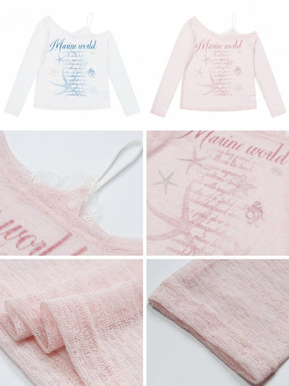 Sweet White Asymmetric Shoulder Lightweight Long Sleeve Top with Starfish & Letter Print - CRAZY GIRL