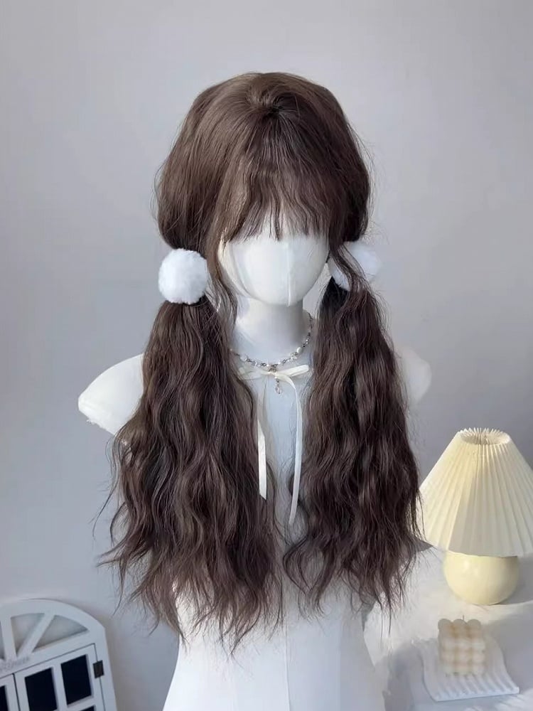 Black Wool Brown Tea/Light 65CM Bangs Full Curly Wig with