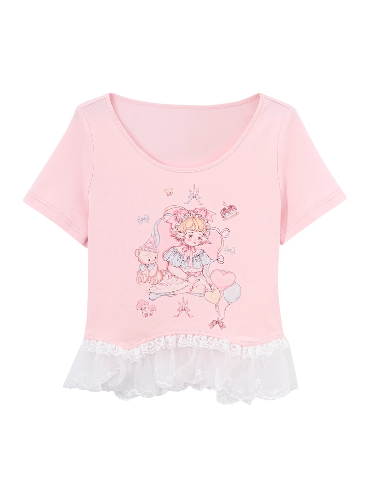 Pink/White Girl Print Lace Trim T-Shirt Cute Round Neck