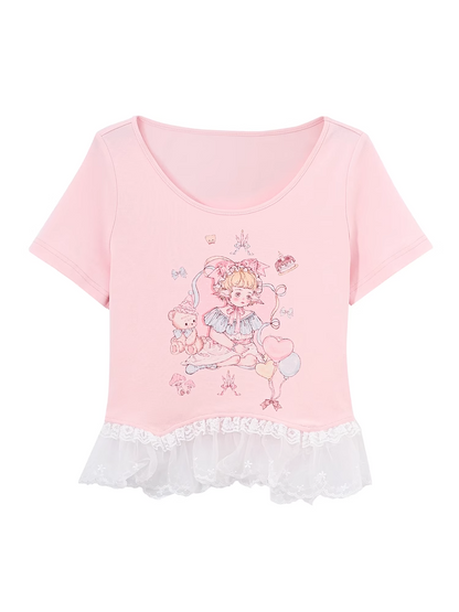 Pink/White Girl Print Lace Trim T-Shirt Cute Round Neck