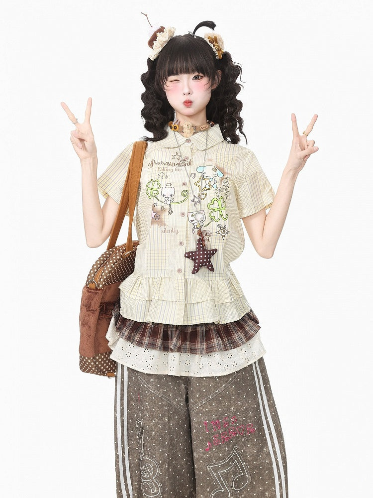 Yellow Plaid Short Sleeve Shirt with Cartoon Print - Languid Park